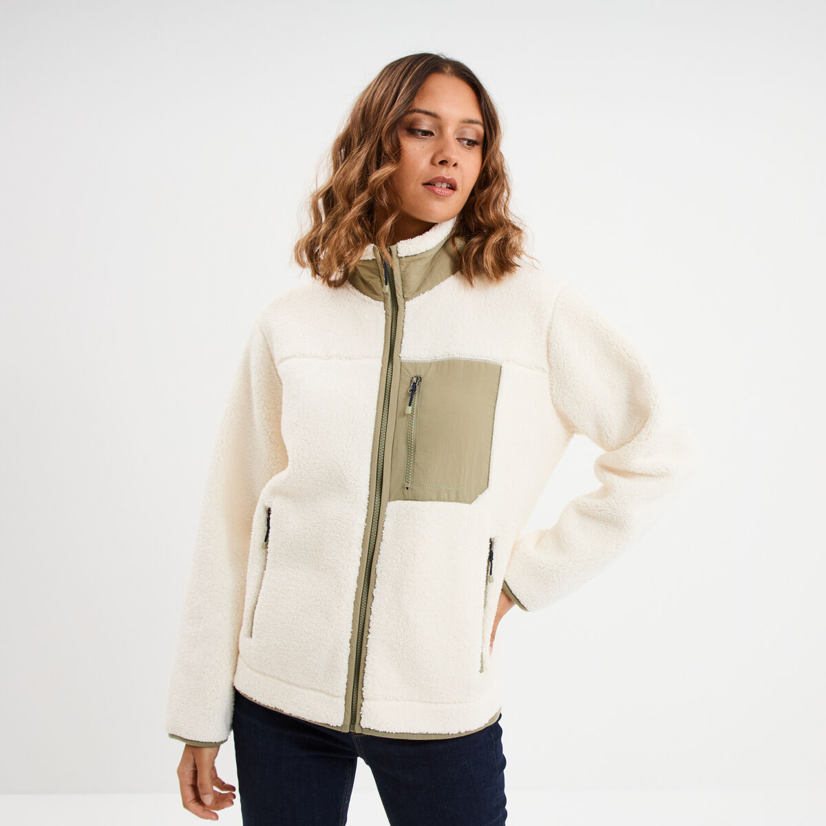 Veste zipp&eacute;e effet sherpa 3 poches blanc femme