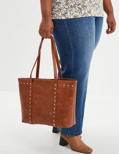 Sac cabas détails cloutés marron cognac femme