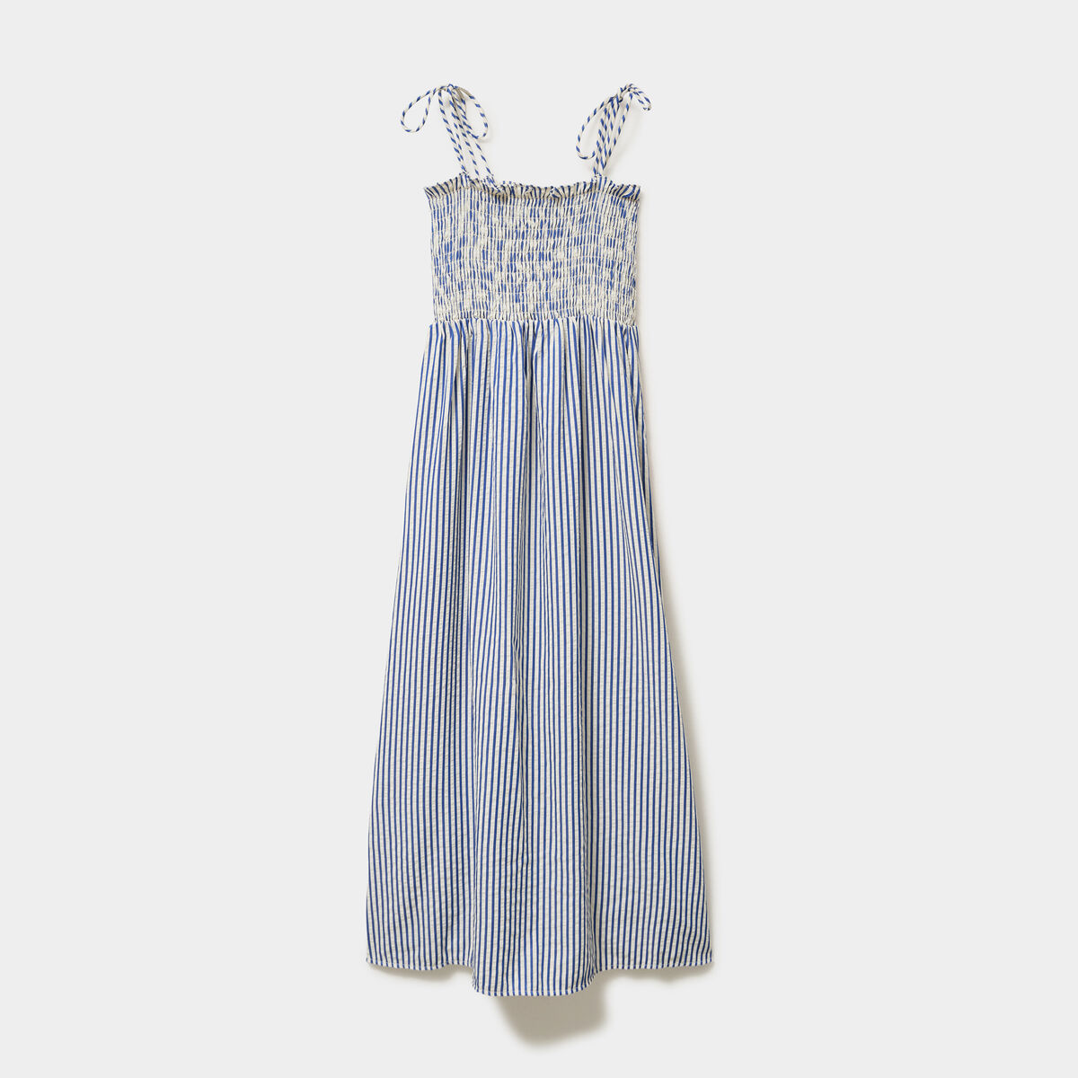 Robe longue &agrave; bretelles et haut smock&eacute; bleu femme