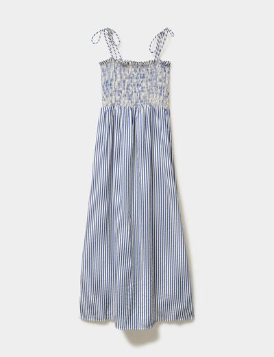 Robe longue &agrave; bretelles et haut smock&eacute; bleu femme