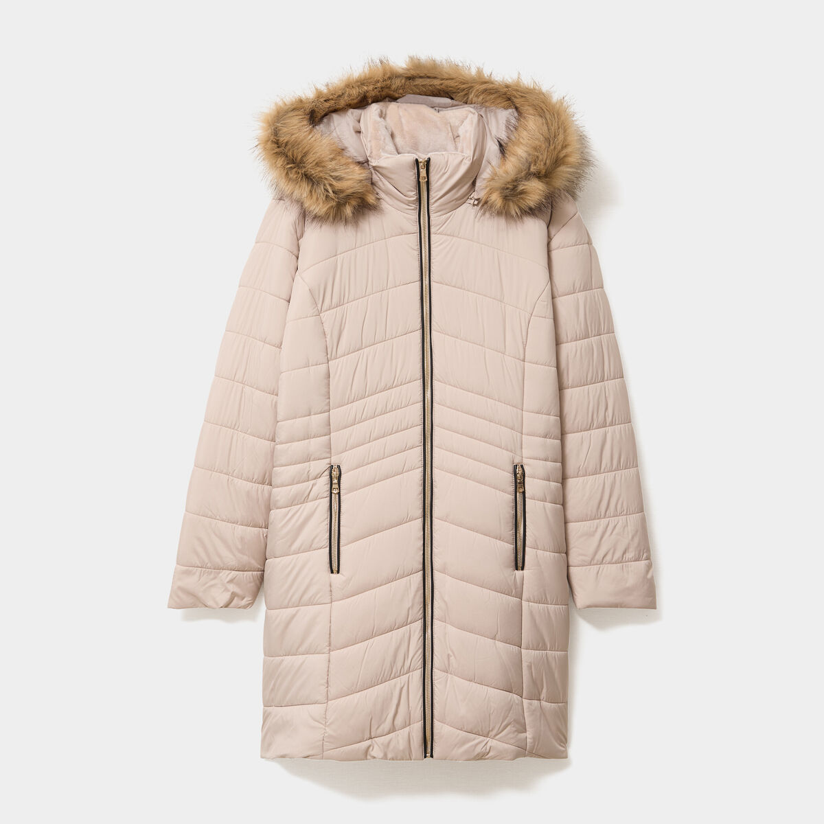 Doudoune longue &agrave; capuche beige femme grande taille