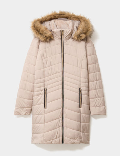 Doudoune longue &agrave; capuche beige femme grande taille