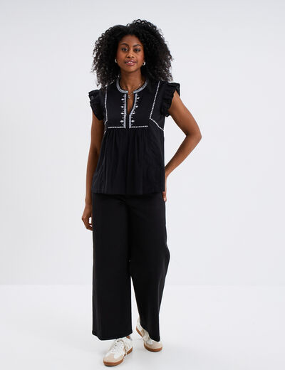 Blouse brodée à volants coton noir femme