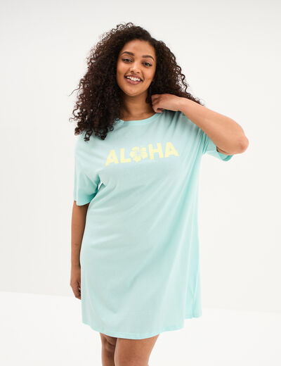 Chemise de nuit courte en coton bleu turquoise femme grande taille
