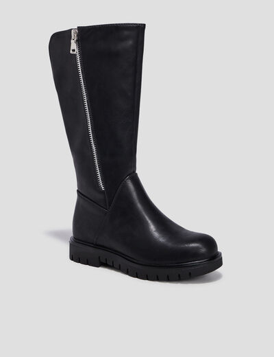 Bottes crantées zippées à bout rond noir fille