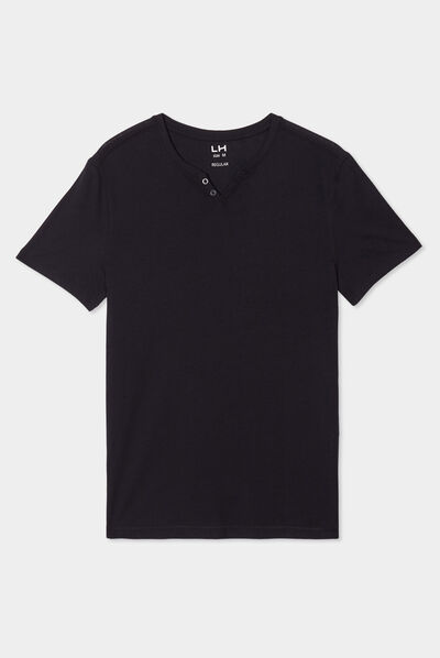 T-shirt manches courtes col tunisien noir homme