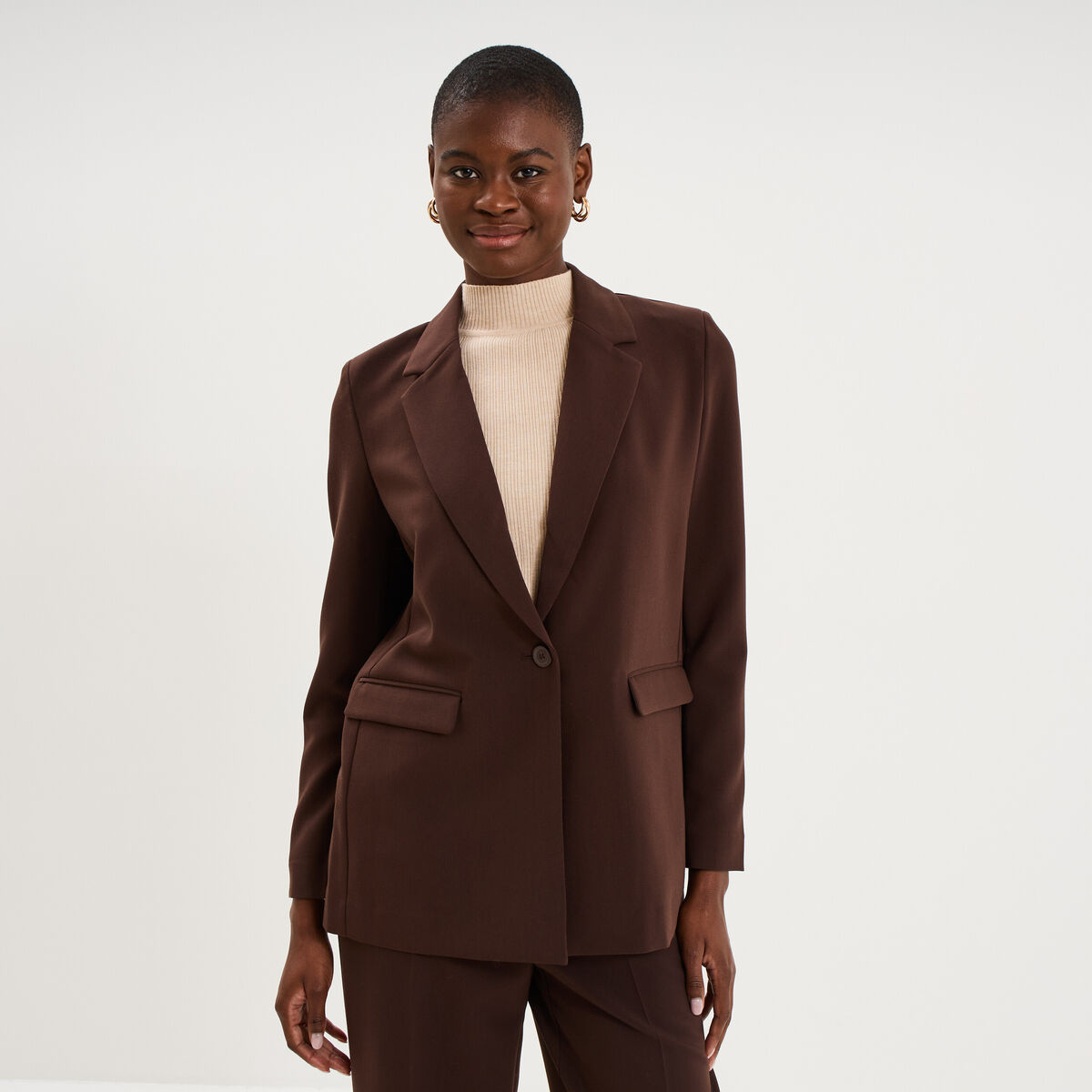 Blazer ajust&eacute; mi-long 1 bouton marron fonc&eacute; femme