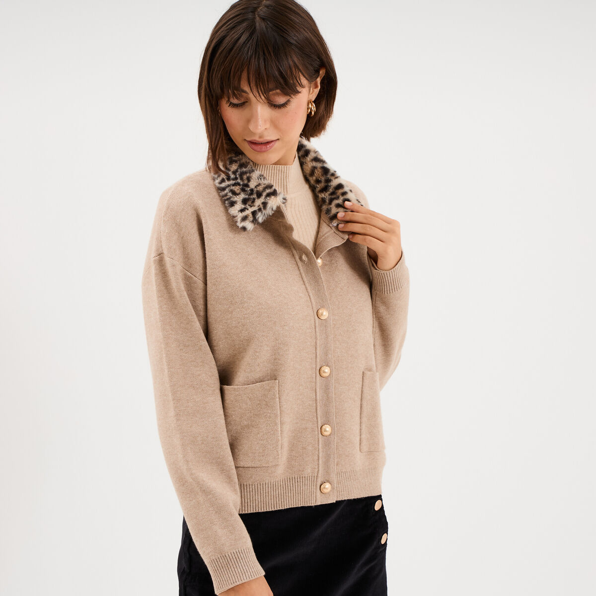 Gilet col fausse fourrure amovible ecru femme