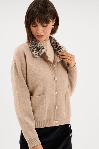 Gilet col fausse fourrure amovible ecru femme