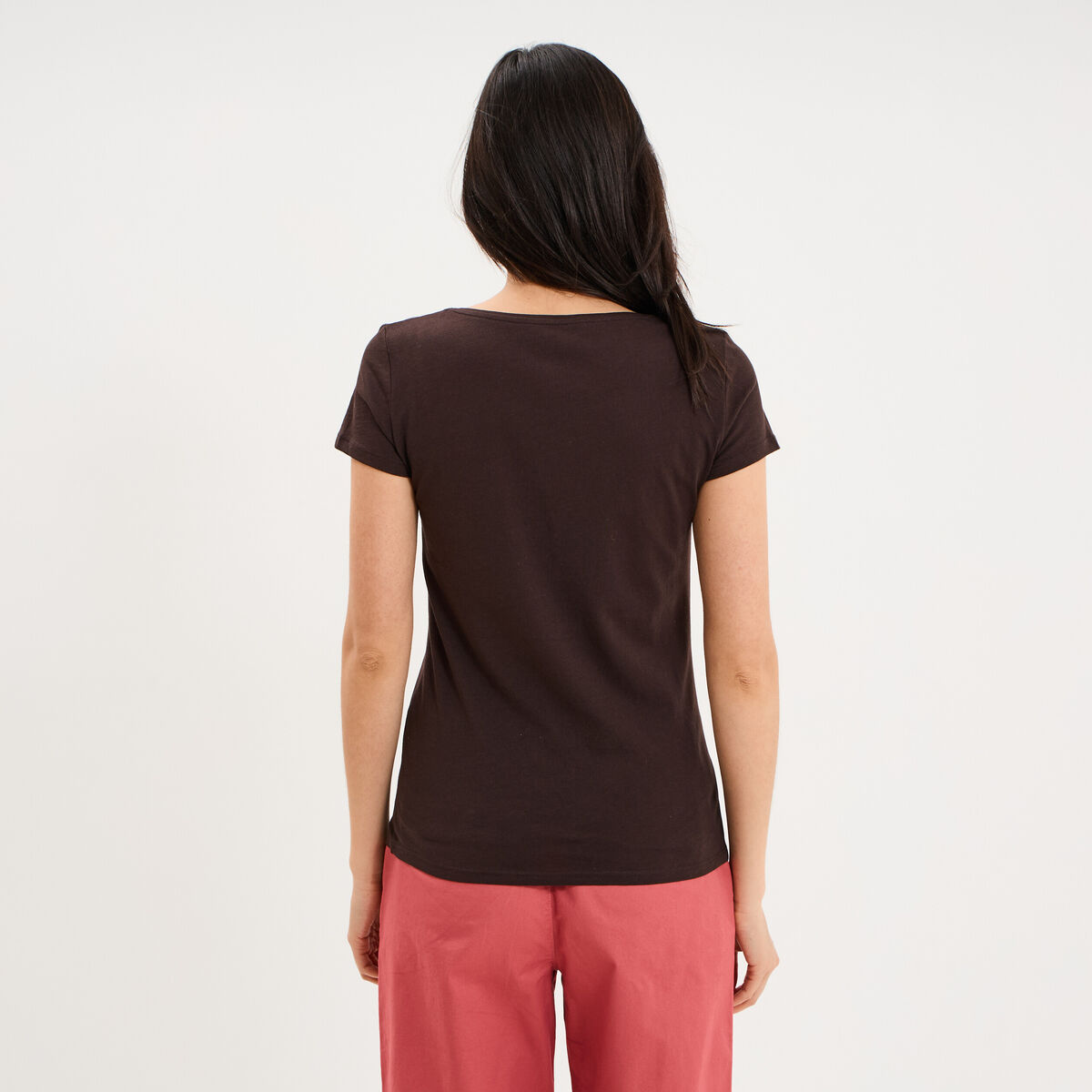 T-shirt coton col rond manches courtes marron fonc&eacute; femme