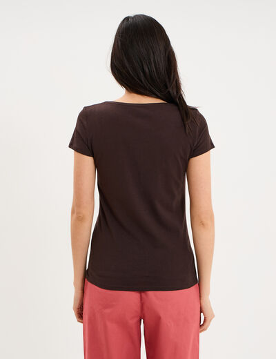 T-shirt coton col rond manches courtes marron fonc&eacute; femme