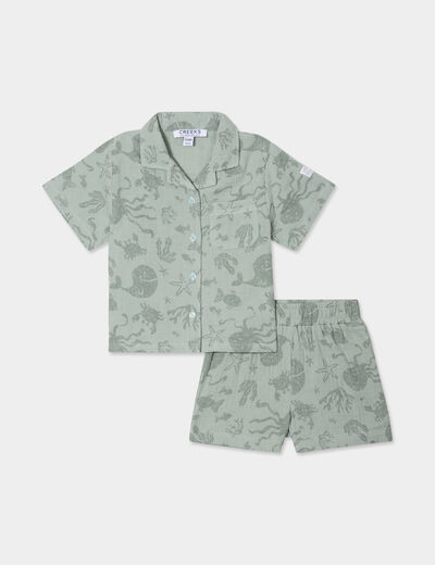 Ensemble short et chemise gaze de coton vert pastel bébé garçon