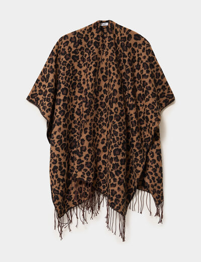 Poncho long &agrave; franges camel femme