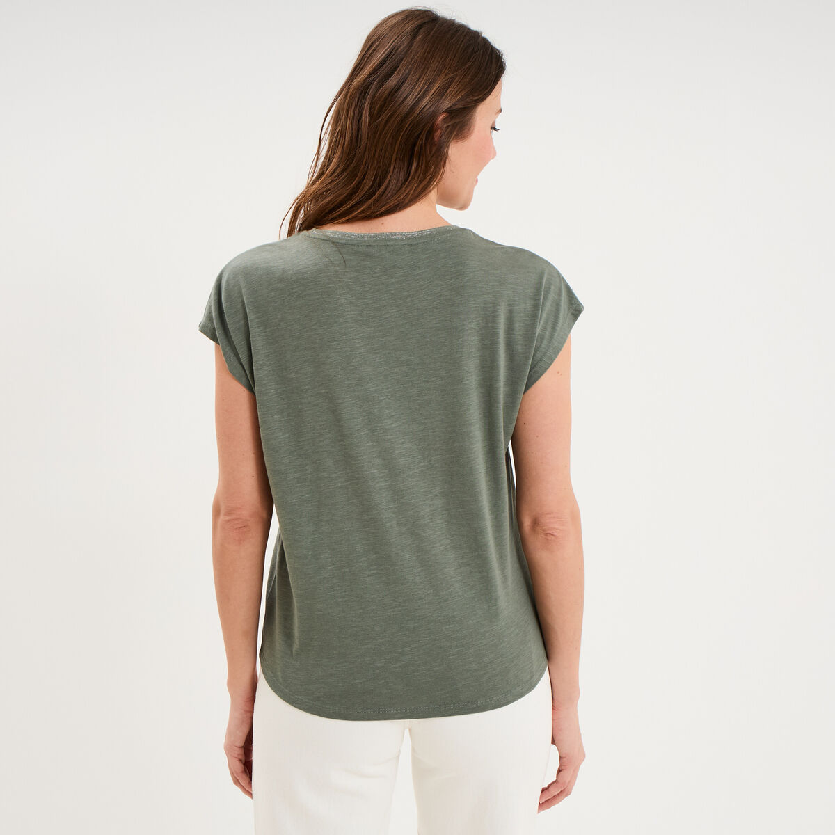 T-shirt col rond manches courtes vert kaki femme