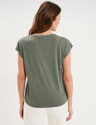 T-shirt col rond manches courtes vert kaki femme