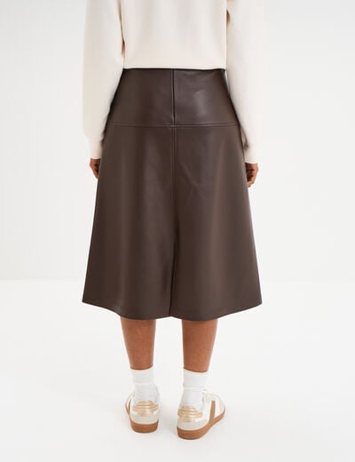 Jupe simili cuir midi trapèze marron foncé femme