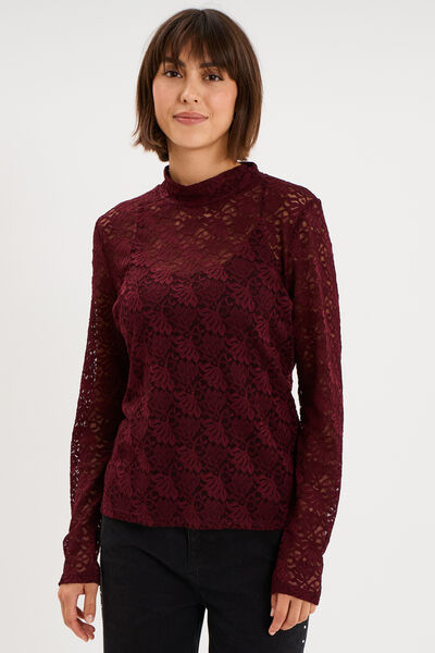 Blouse dentelle col montant violet fonc&eacute; femme