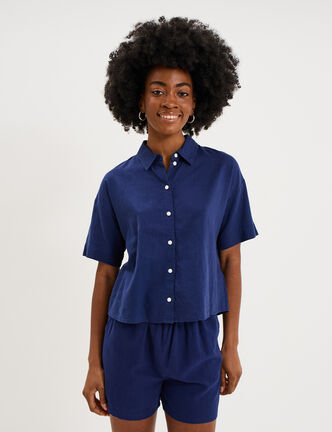 Chemise manches courtes lin m&eacute;lang&eacute; bleu fonc&eacute; femme