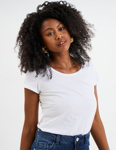 T-shirt coton col rond manches courtes blanc femme