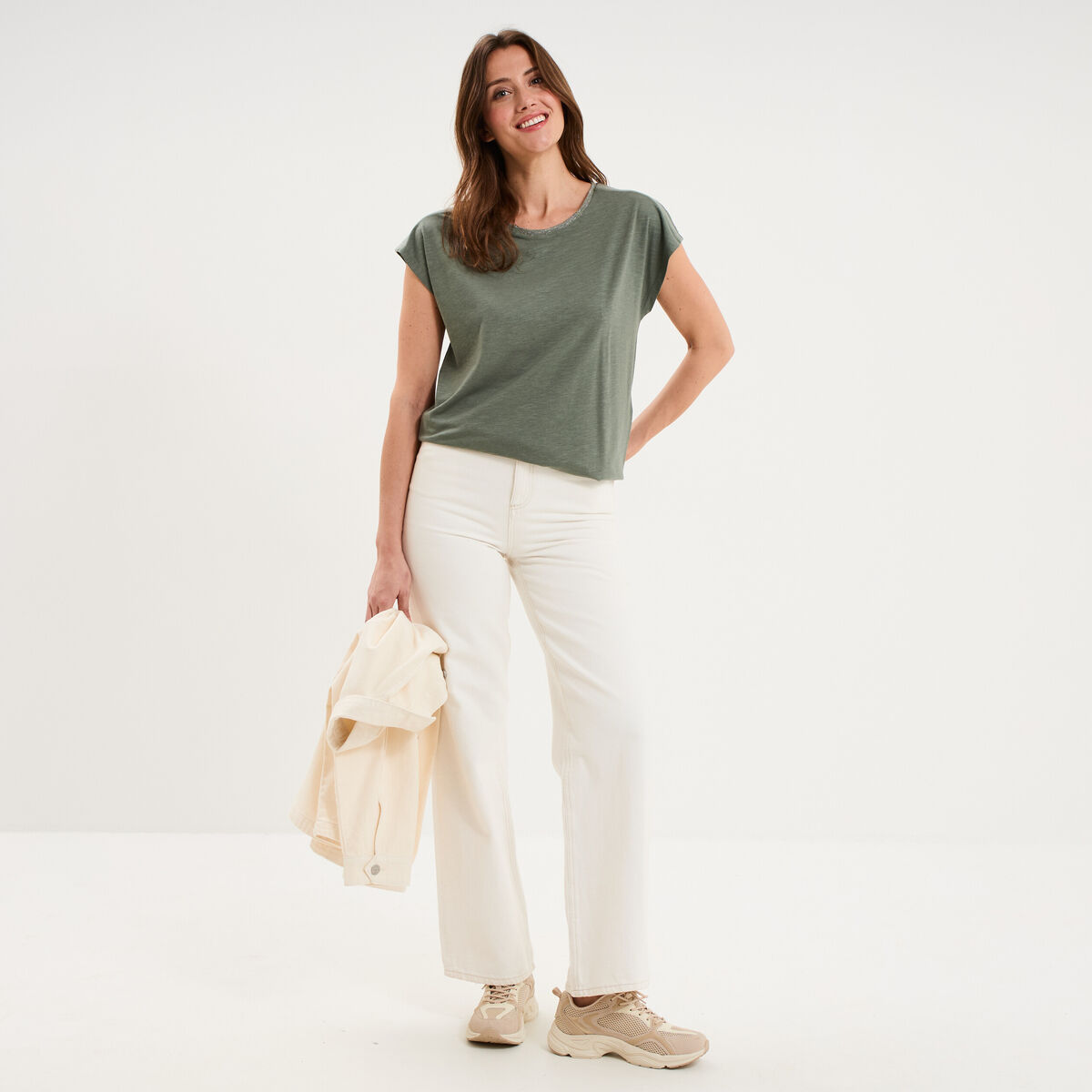 T-shirt col rond manches courtes vert kaki femme