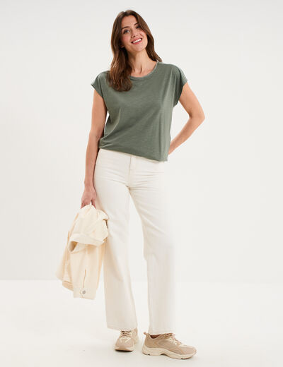 T-shirt col rond manches courtes vert kaki femme