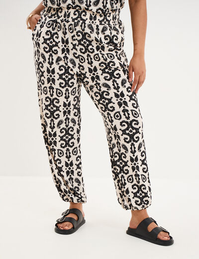 Pantalon &eacute;lastiqu&eacute; fluide ecru femme grande taille