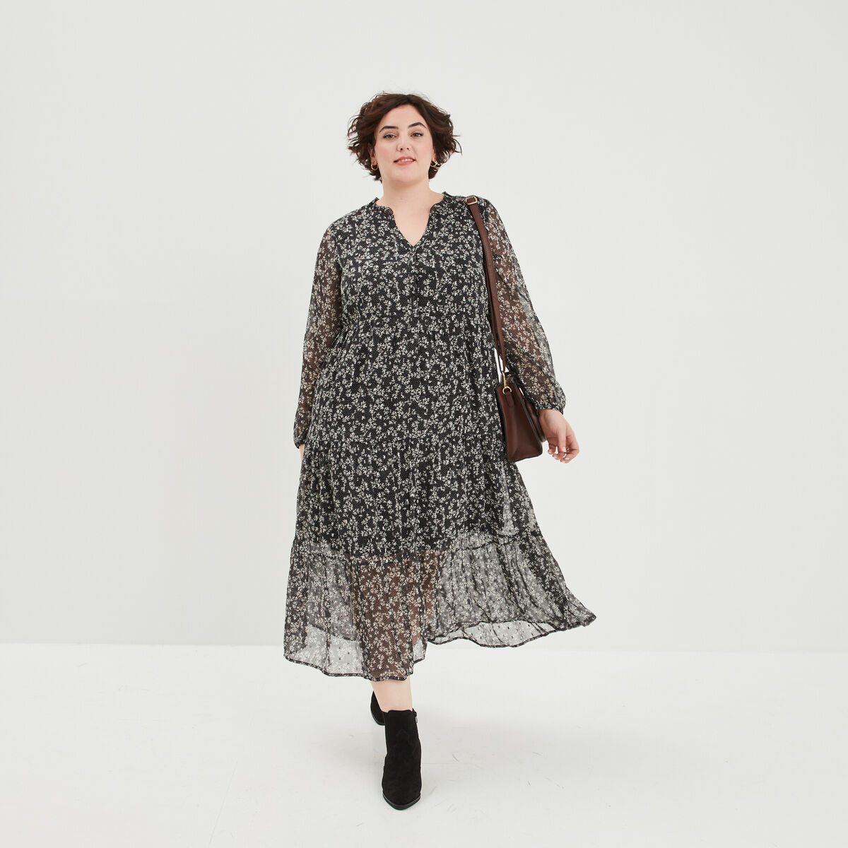Robe longue évasée manches longues noir femme grande taille