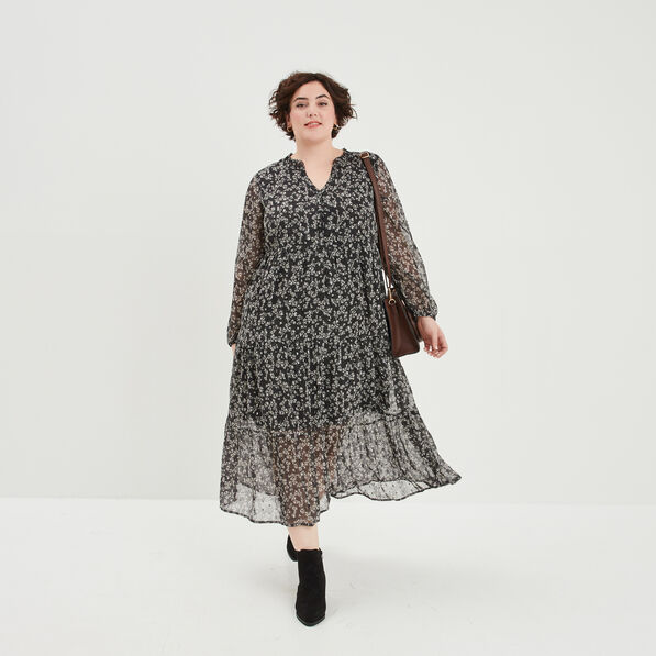 Robe longue évasée manches longues noir femme grande taille