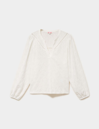 Blouse broderie anglaise manches longues blanc femme