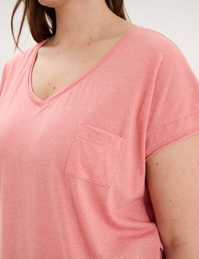 T-shirt effet chin&eacute; col en V avec poche rose vif femme grande taille