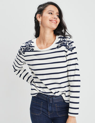 T-shirt manches longues avec broderie ivoire femme