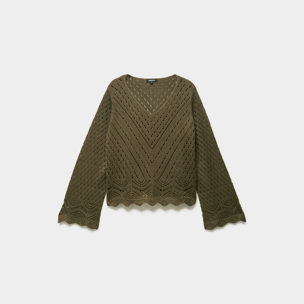 Pull ajour&eacute; col en V manches longues taupe femme