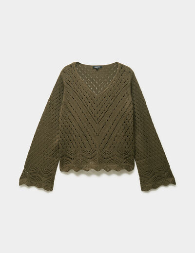 Pull ajour&eacute; col en V manches longues taupe femme