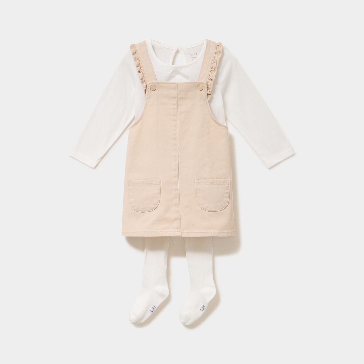 Ensemble 3 pi&egrave;ces avec robe salopette beige b&eacute;b&eacute; fille