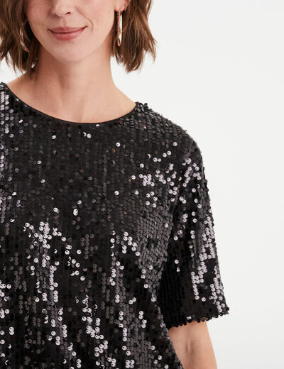 T-shirt à sequins manches courtes droit noir femme