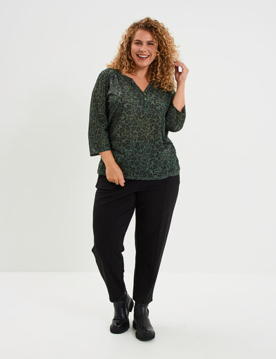 T-shirt col tunisien manches 3/4 vert kaki femme grande taille