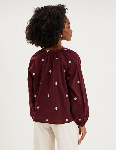 Blouse brod&eacute;e col tunisien coton violet fonc&eacute; femme