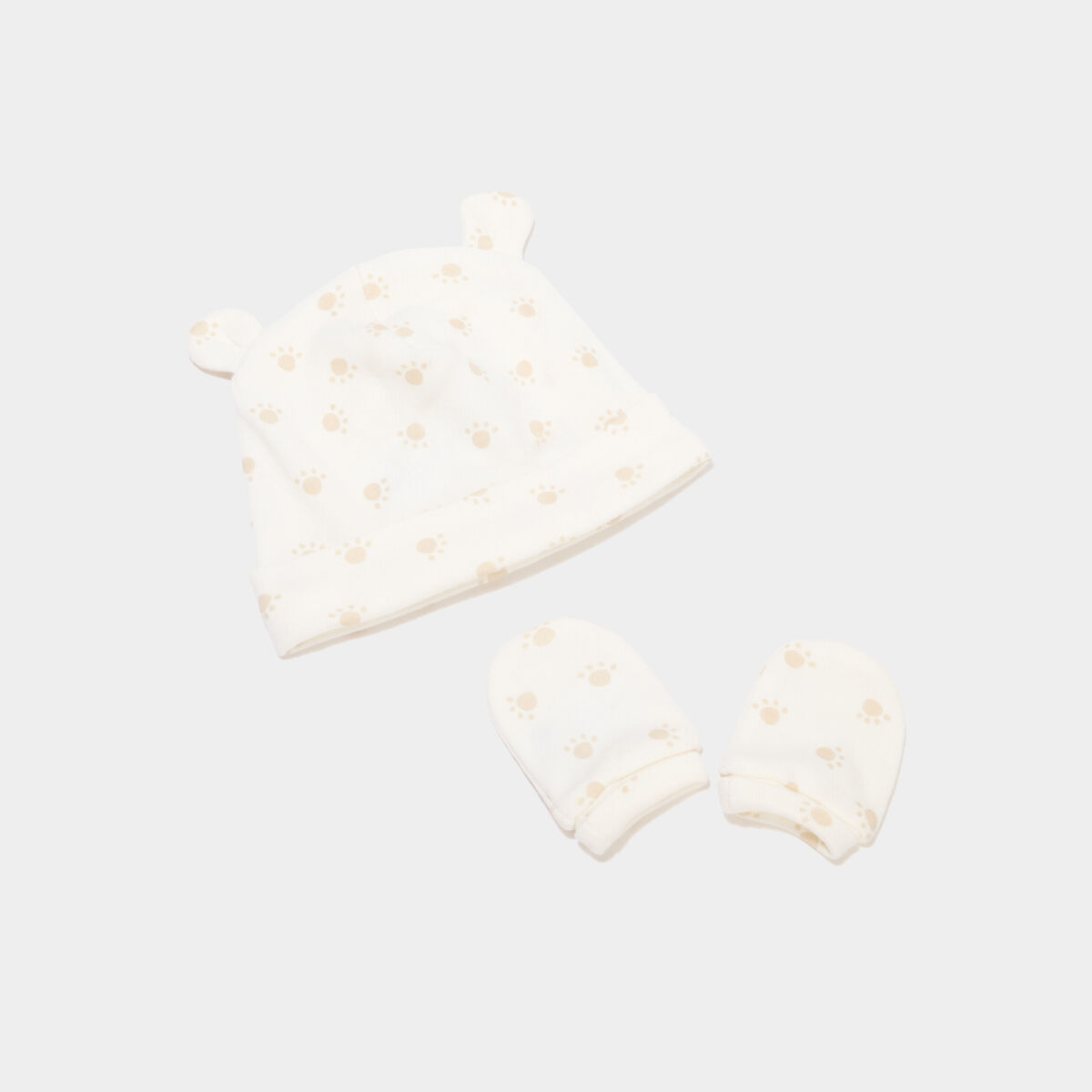 Ensemble bonnet et mouffles coton taupe b&eacute;b&eacute;