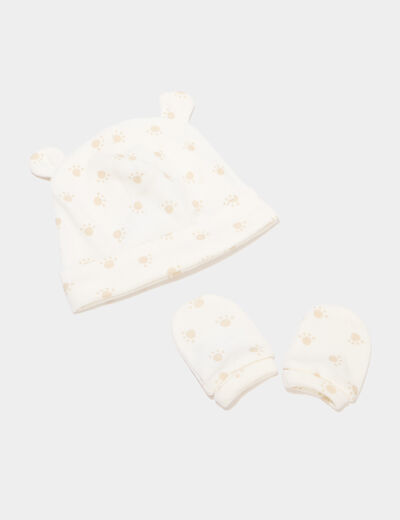 Ensemble bonnet et mouffles coton taupe b&eacute;b&eacute;