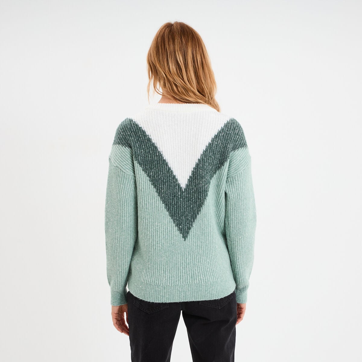 Pull manches longues col rond vert femme
