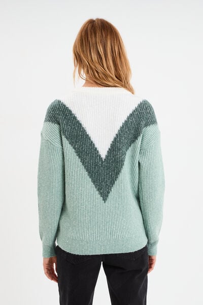 Pull manches longues col rond vert femme