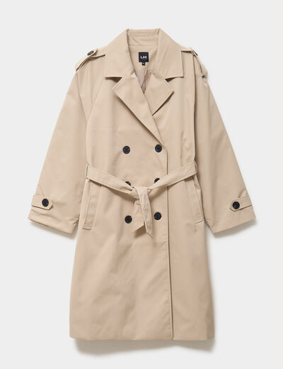 Trench long ceintur&eacute; beige femme