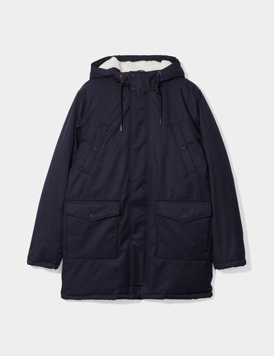 Parka mi-longue doubl&eacute;e &agrave; capuche bleu fonc&eacute; homme