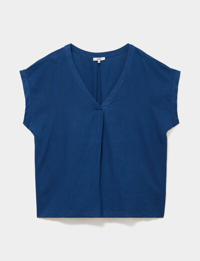 Blouse col V manches courtes m&eacute;lange lin bleu marine femme grande taille