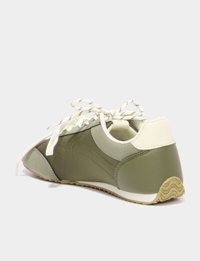 Baskets &agrave; lacets doubles semelle fine vert kaki femme