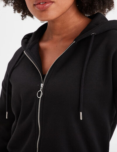 Sweat zippé à capuche court noir femme