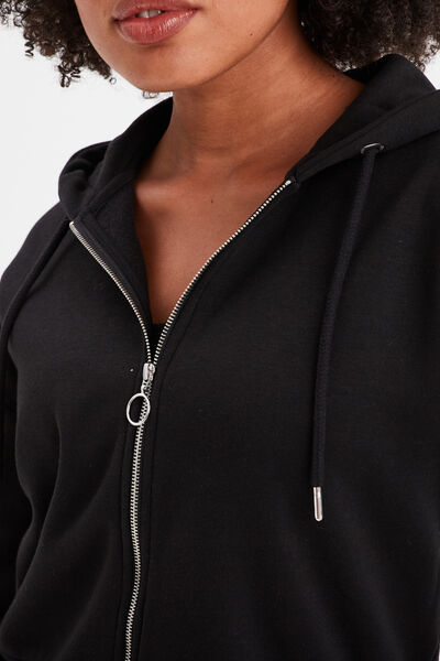 Sweat zipp&eacute; &agrave; capuche court noir femme