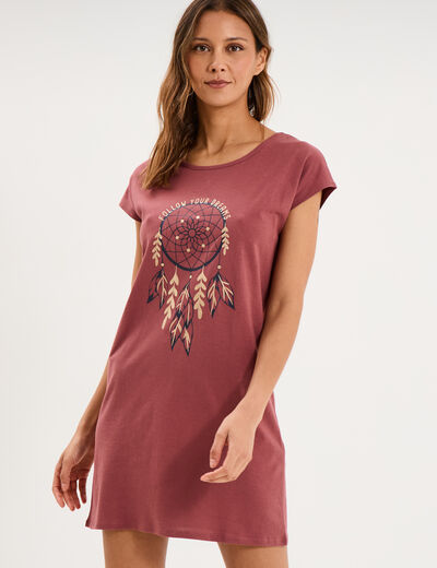 Chemise de nuit courte col rond rose framboise femme