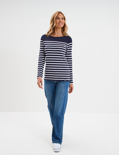 T-shirt marini&egrave;re manches longues coton bleu marine femme