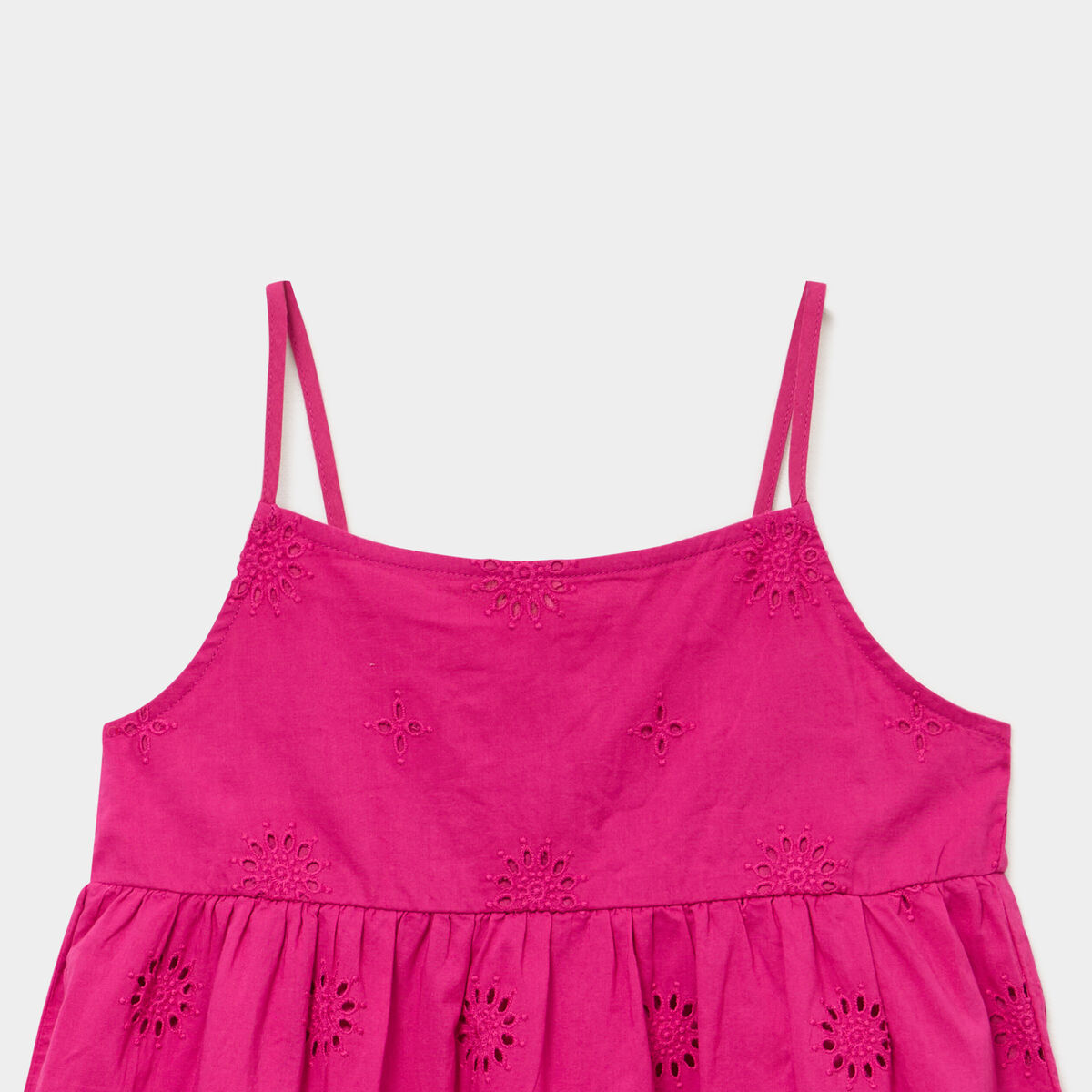 Robe broderie anglaise &agrave; bretelles coton rose fushia fille